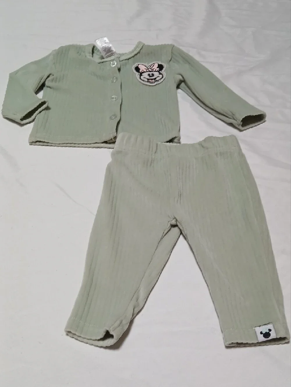 Disney Baby Sage Green Ribbed Two-Piece Set with Minnie Patch